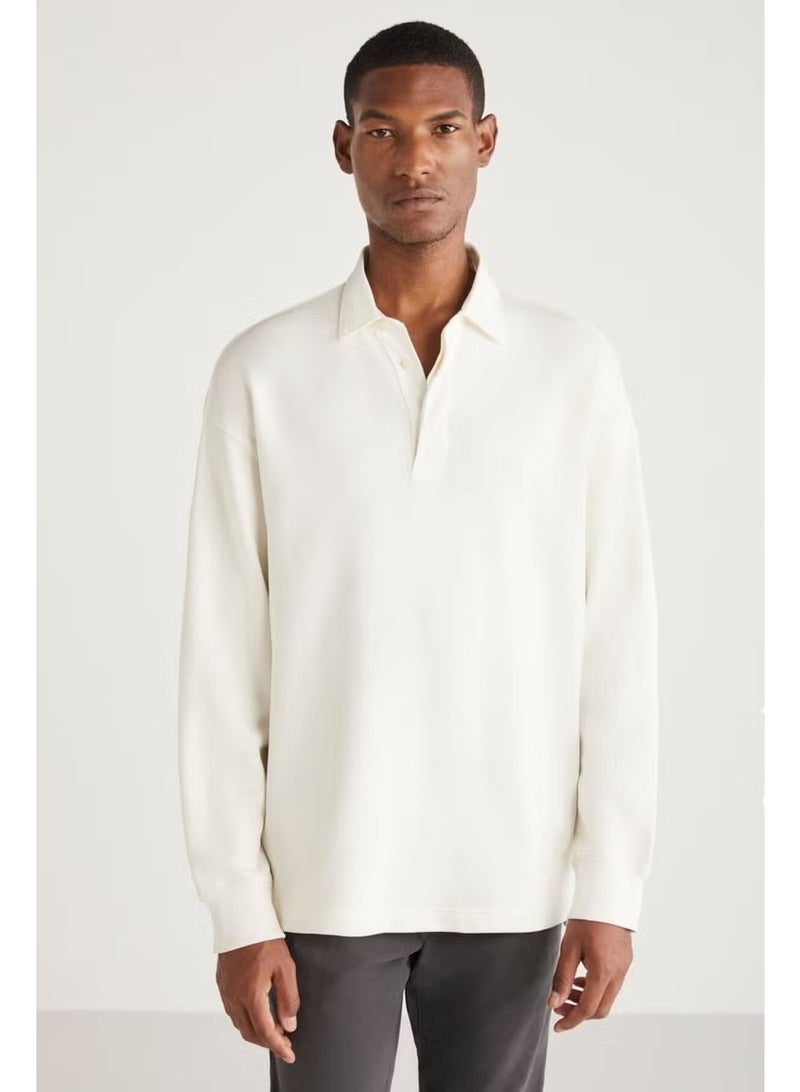 GRIMELANGE JOHN Men's Polo Sweat Shirt Collar Long Back Slit Diagonal Fabric Vanilla Sweatshirt - Image 3